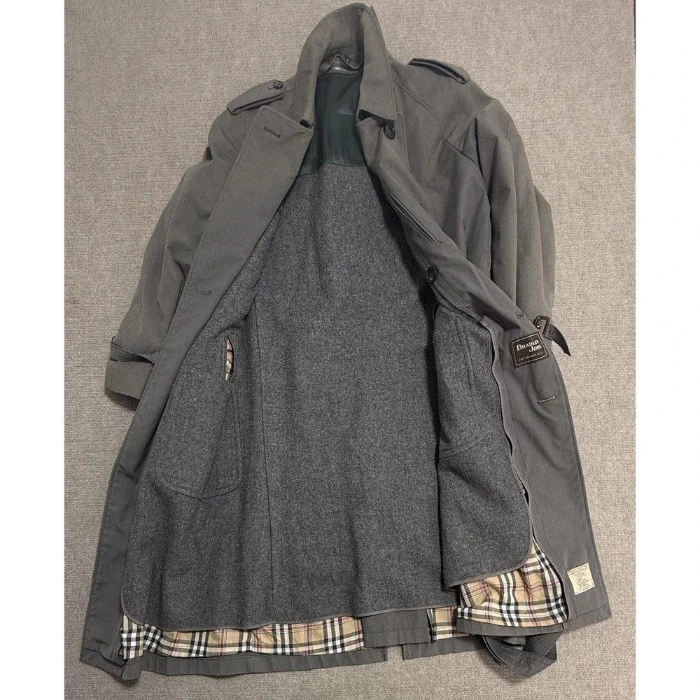 Vintage Bradley Jons Trench Coat Mens 40 Gray Belted Wool‎ Liner Rain Classic